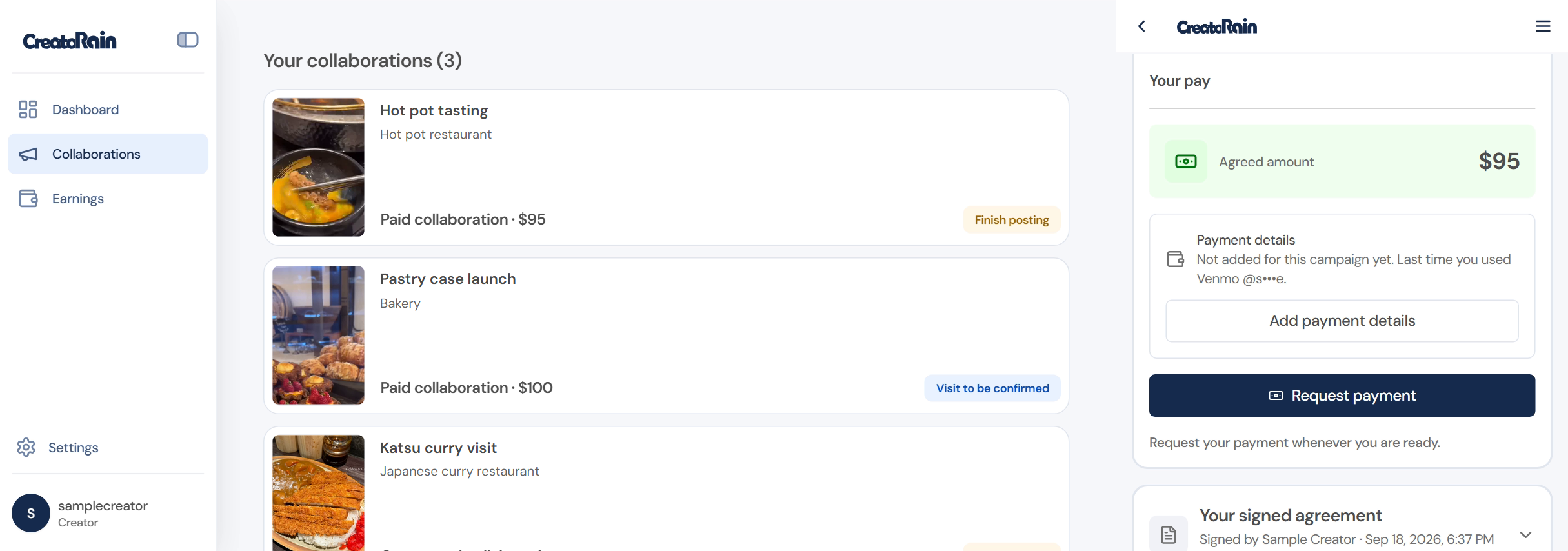 The creator portal: a collaboration's pay section, with the agreed amount, the payment details and a Request payment button