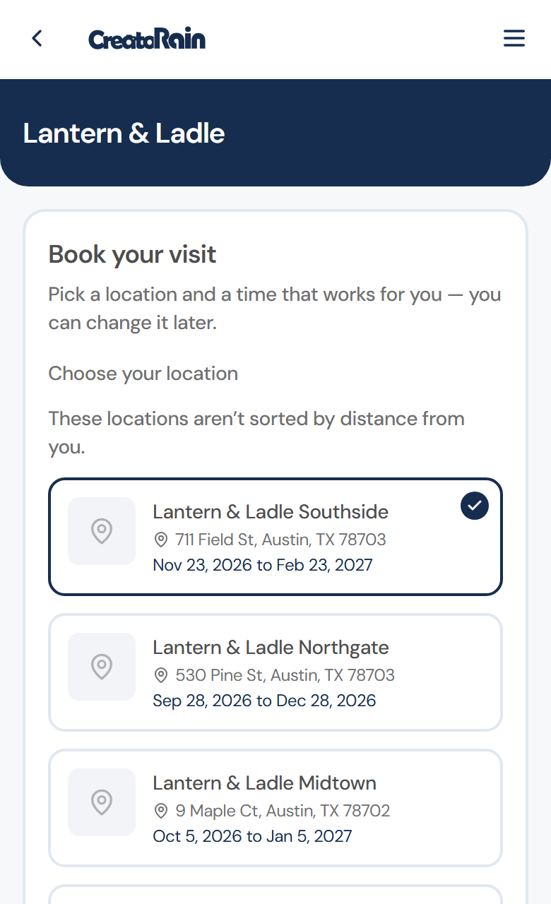 Book your visit: the locations open for one campaign, each with its address and the dates it takes bookings
