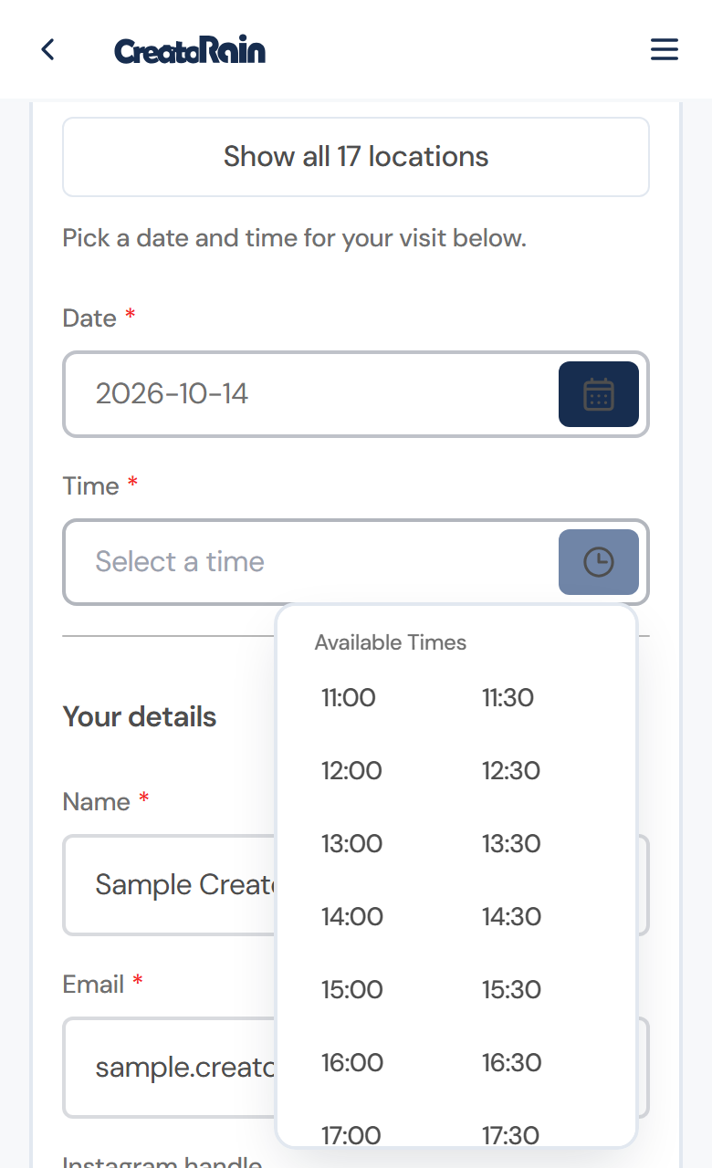 The booking form's date and time fields, with the menu of available times open