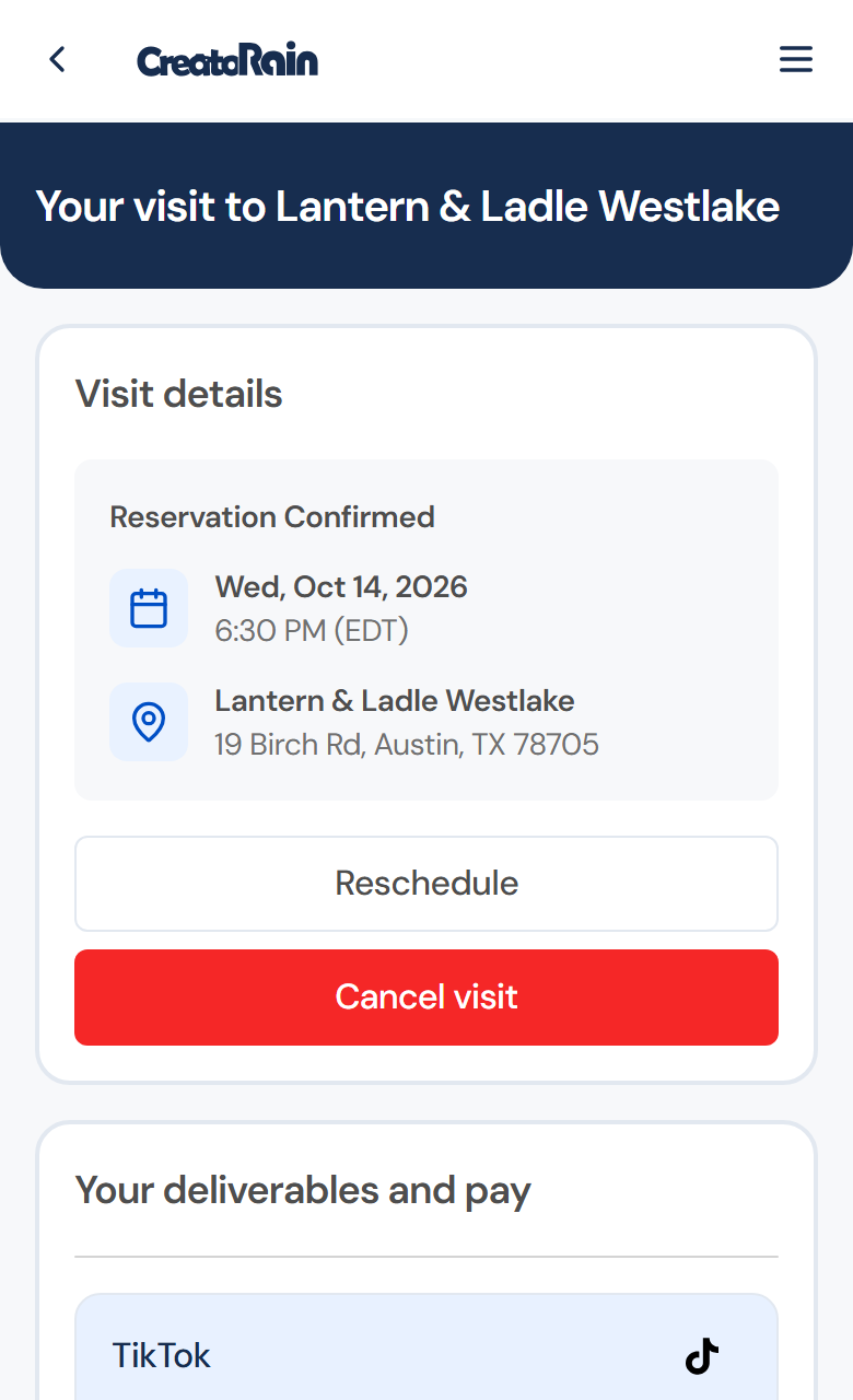Visit details for a confirmed booking: date, time and address, with Reschedule and Cancel visit buttons