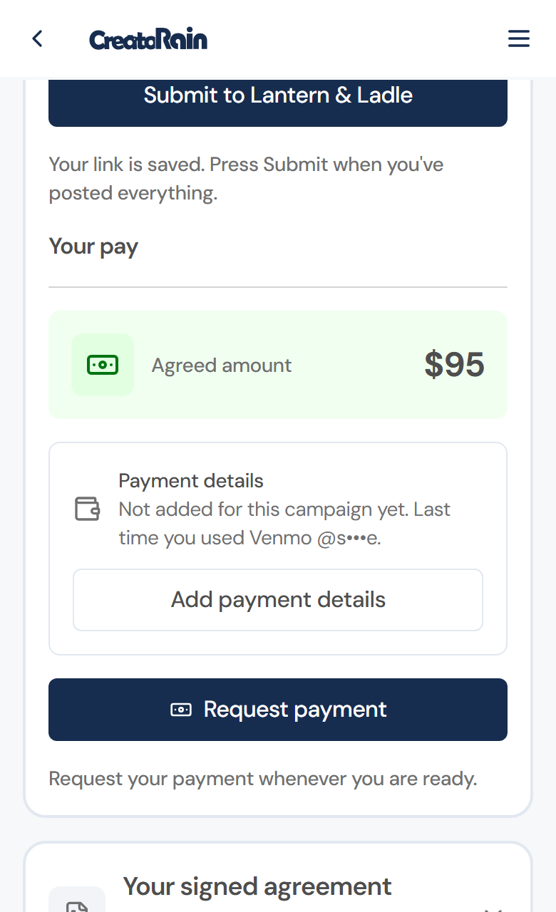 Your pay: the agreed amount, the payment details and a Request payment button
