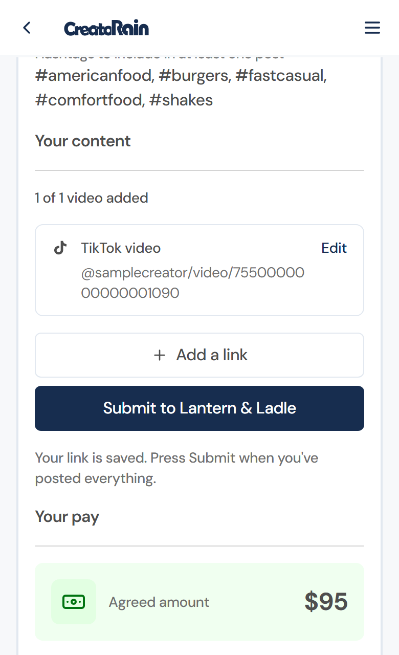 Your content: one TikTok link added, with Add a link and a Submit button