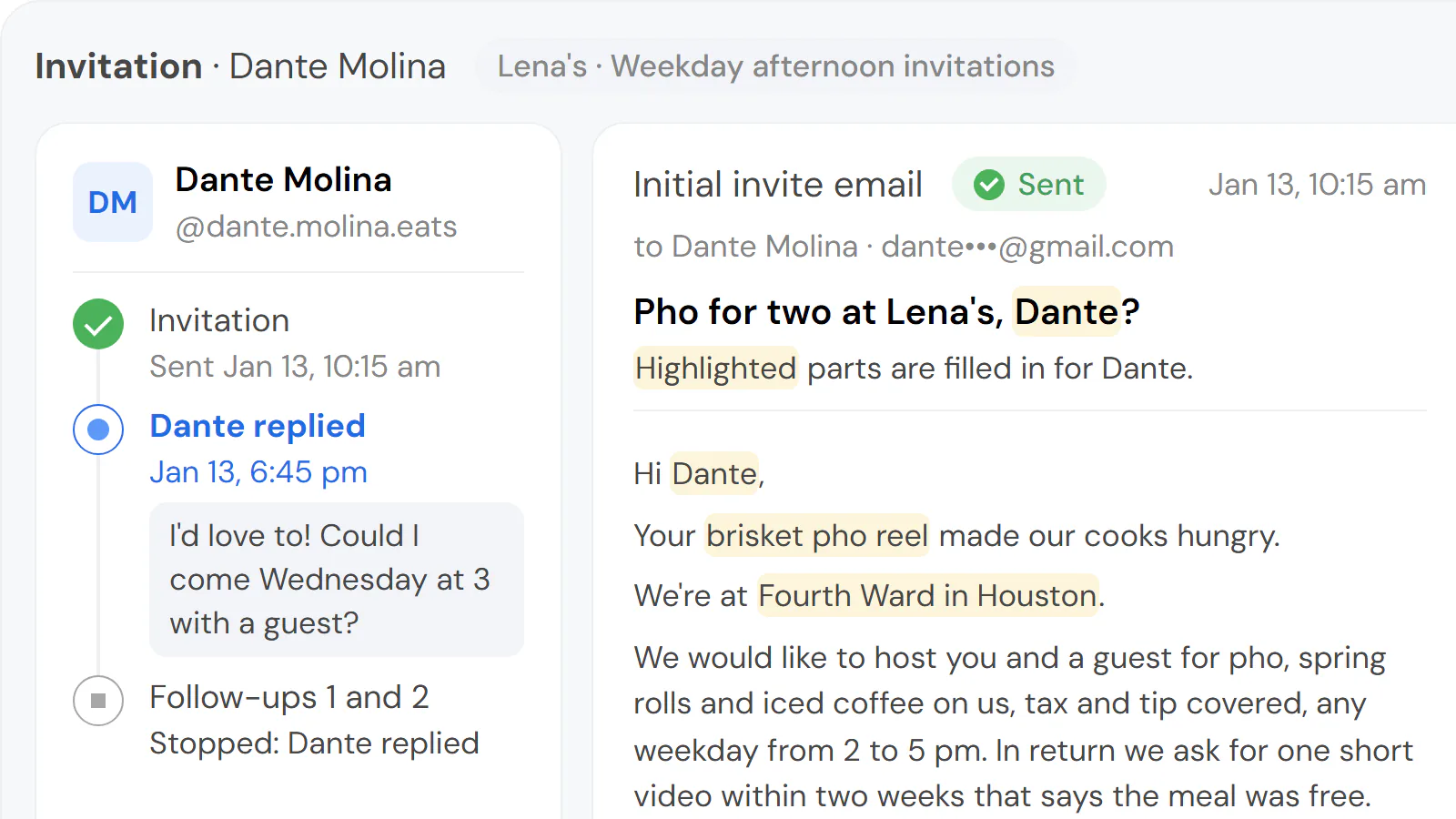Product screen (sample data): Lena's invitation to the creator Dante Molina: a free meal for two for one short video, his name, reel and the shop's location filled in, and his reply, which stopped both follow-ups.
