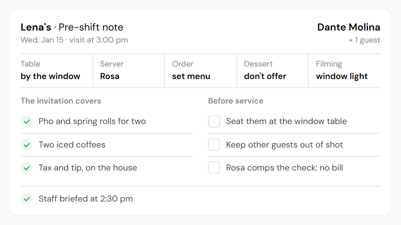 Example (invented): Lena's pre-shift note for Dante's 3:00 pm visit: the table, what the invitation covers, no dessert, and Rosa comping the check.