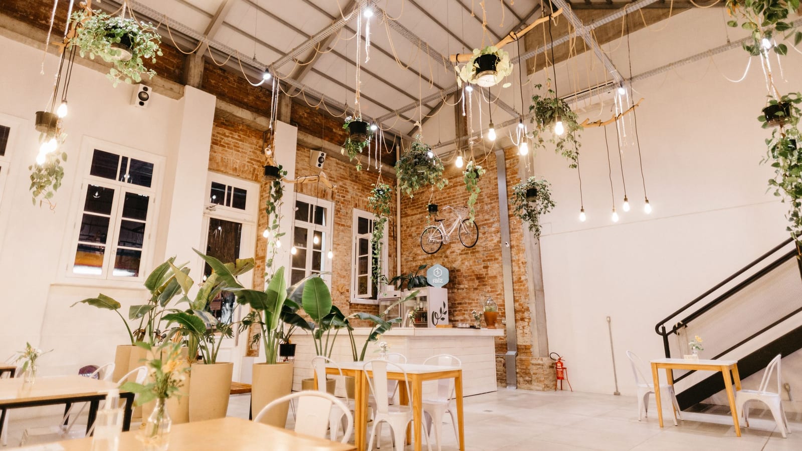 A newly fitted restaurant dining room with white walls, brick, potted plants and bare wooden tables, ready for its first guests.