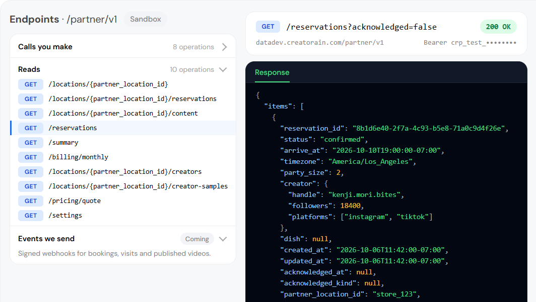 Partner API endpoint list grouped as Calls you make, Reads and Events we send. Events are marked Coming. Beside it is one JSON booking from GET /reservations.