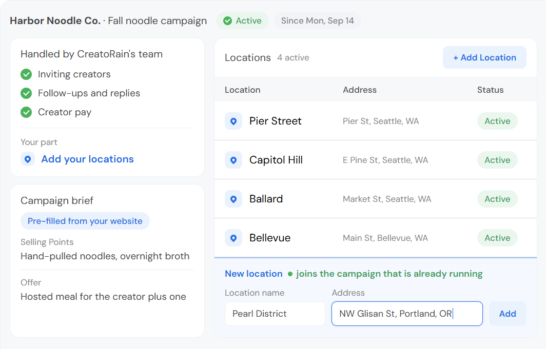 Example (invented): a restaurant campaign with its Locations table. A callout reads: You added this location. Under it, a new row-sized card closes the table and shows the Pearl District location in Portland, now Active, and the count reads five active.