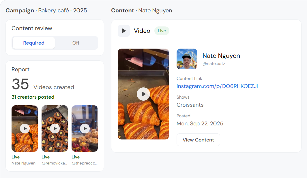A creator's video marked Live, with its link, what it shows and its post date. Beside it are the campaign's Content review setting, set to Required, and the report's video count.