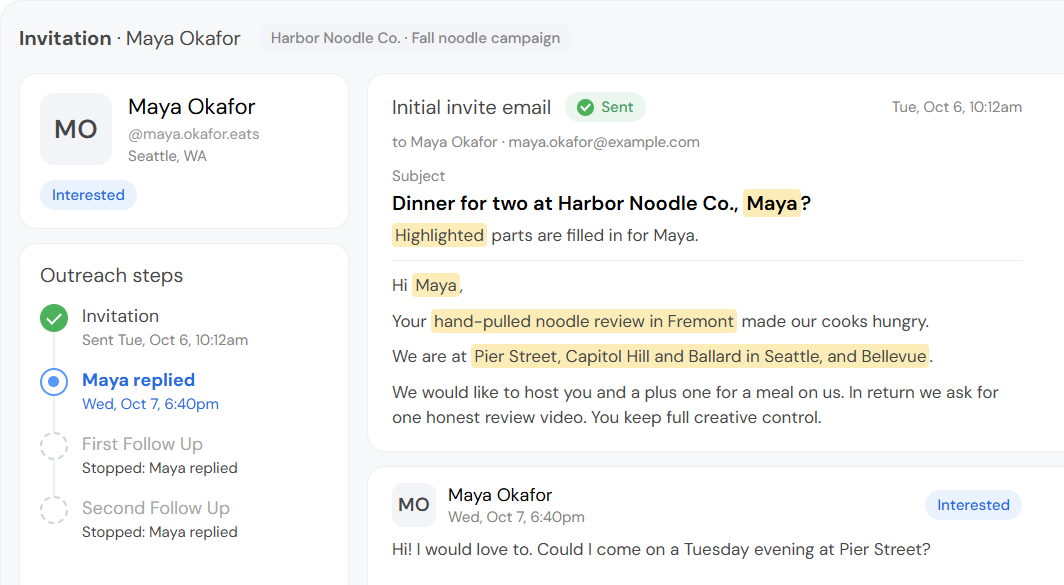 Example (invented): one invitation email, with the creator's first name filled in for her, dimmed except for one new card. The card over the email body shows Maya Okafor, marked Interested: Maya replied on Wednesday evening, so both follow-ups stopped. Her reply shows below the card.