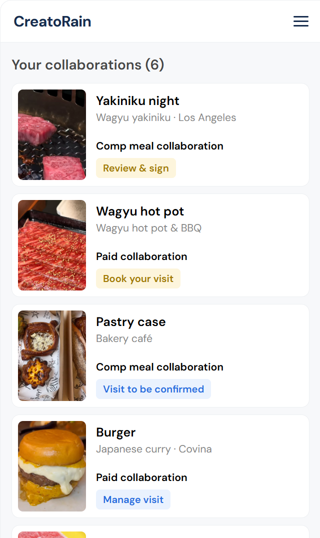 The creator portal's Collaborations list, with six collaborations. Four are in view, each with a dish photo, the restaurant, whether it is paid or a comp meal, and the next step. The new invitation, marked Review & sign, is first.