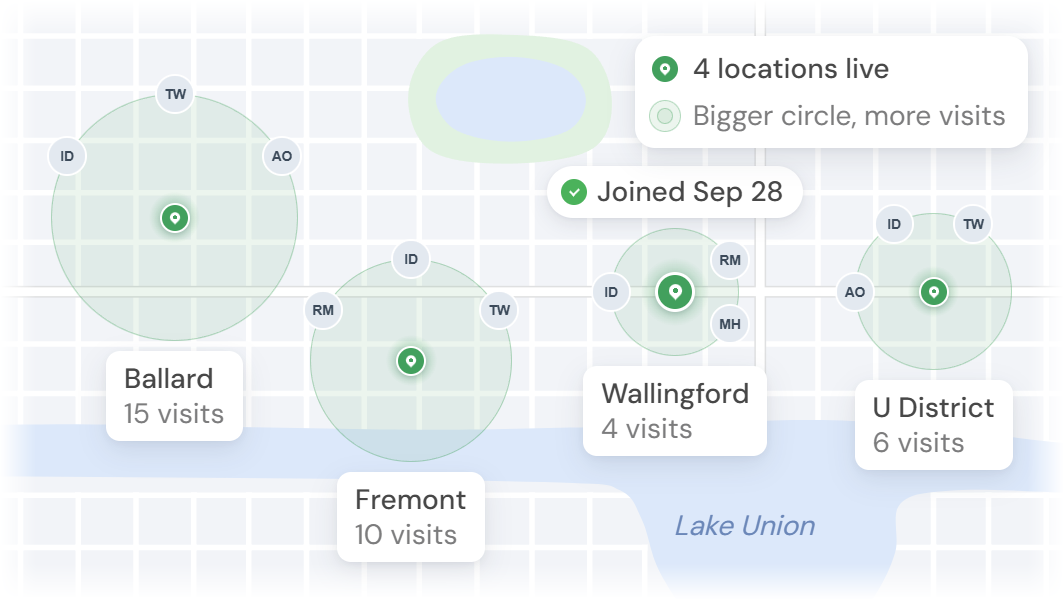 A city map with restaurant locations live in the CreatoRain Network, each with the faces of creators who visited it.