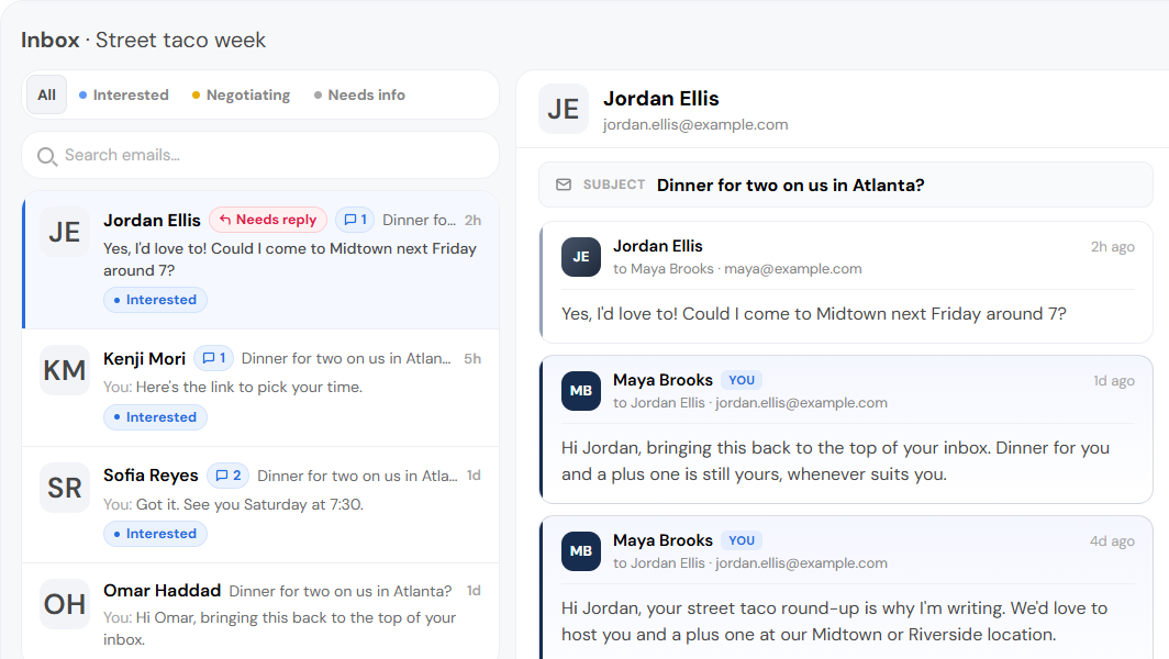 Campaign inbox with the newest message first. Jordan Ellis replied to a follow-up, so his thread is marked Needs reply.